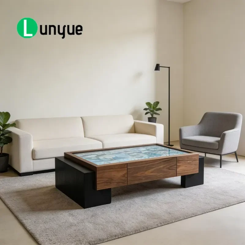 Luxury Modern Coffee Table Textured Blue Top Wooden Frame Black Block Legs Decorative Center Table for Living Room Home