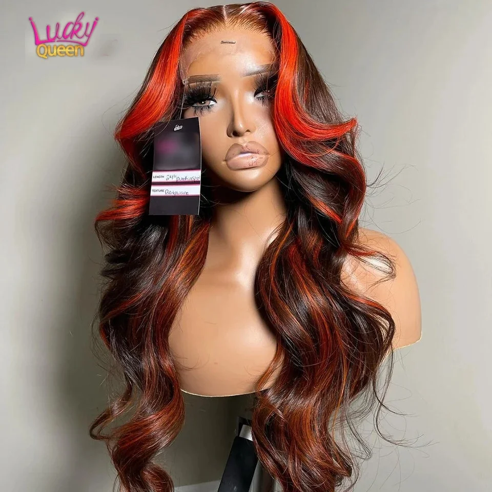 

Brown Orange Highlights 180 Density Human Hair Lace Front Wigs 13X4 13x6 Transparent Lace Pre Plucked for Black Women Body Wave