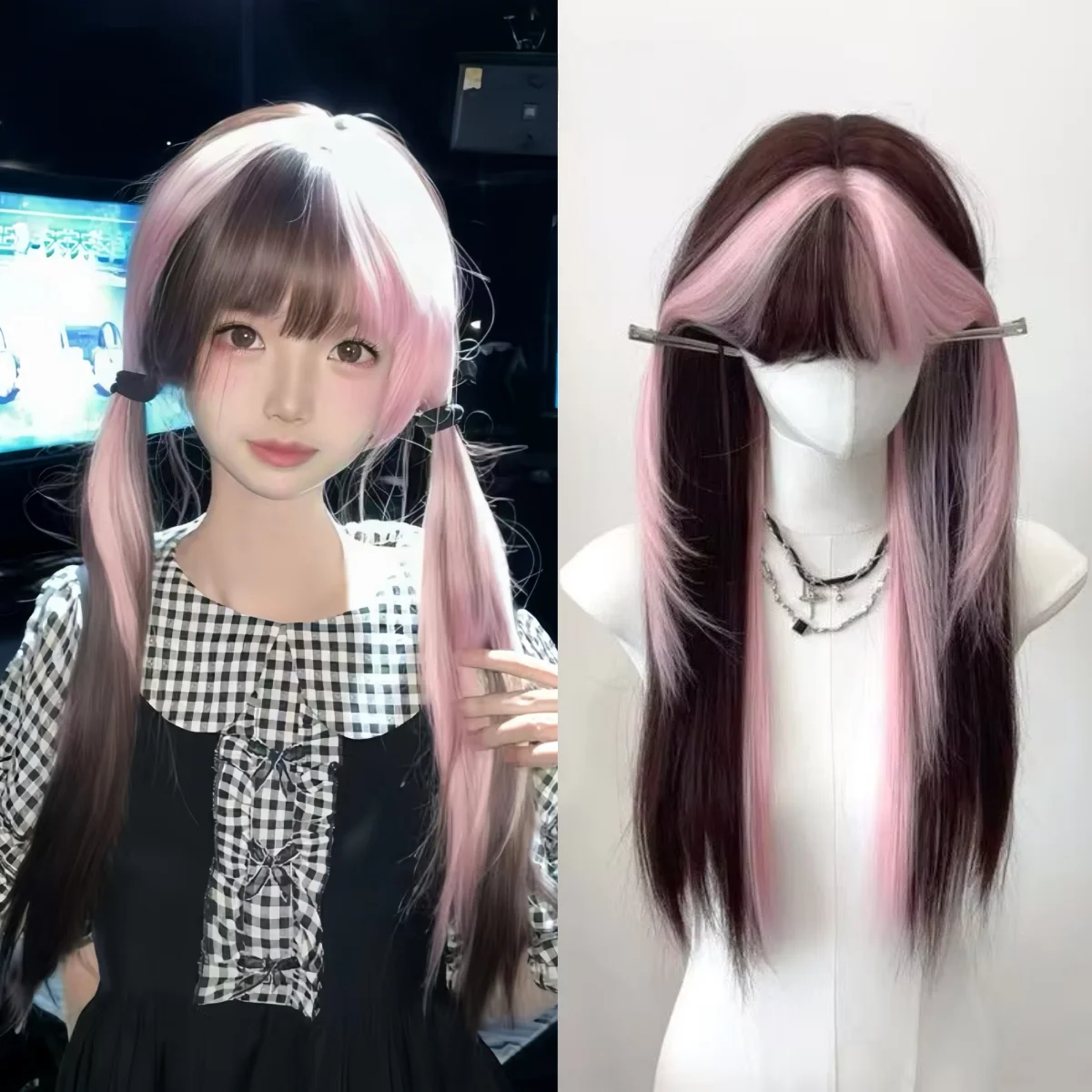 Ombre Pink Brown Wig for Women Cute Lolita Hair Wig with Bangs High Temperature Fibers Synthetic Wigs Headband Wigs for Cosplay