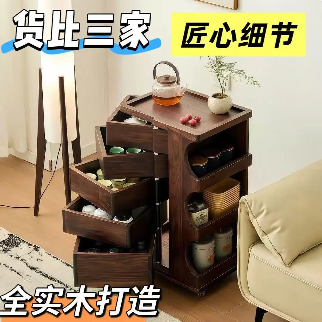 Solid wood rotating mechanism storage cabinet household movable living room tea side cabinet multi-function