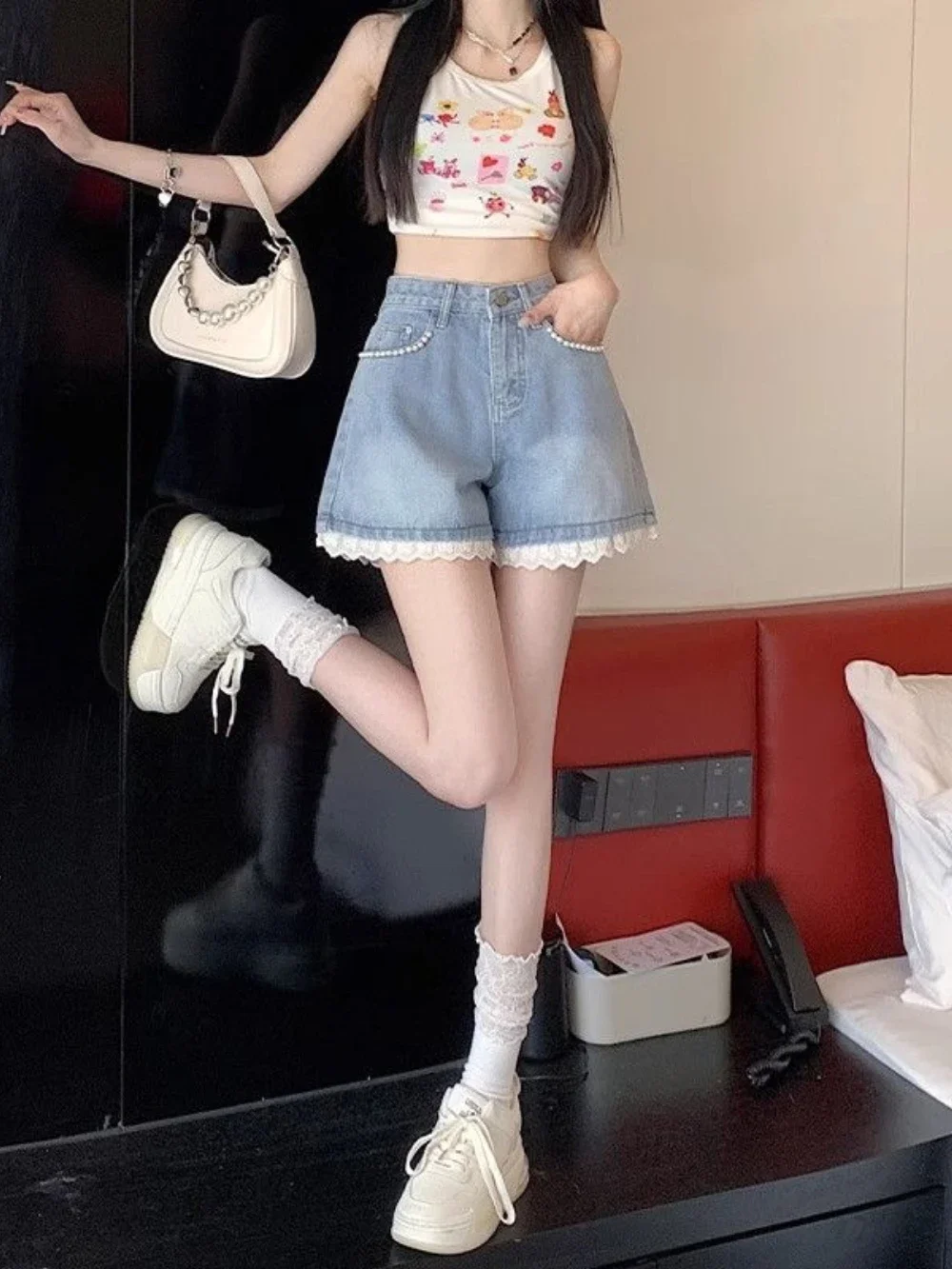 

Lace Wide Female Short Jeans Pants Design Youthful Cheap Jorts Normal Casual for Summer Wholesale Kpop Hot Women's Denim Shorts