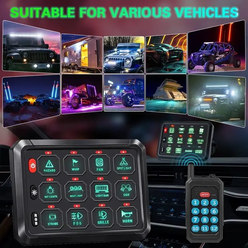 Universal 12 Gang Switch Panel 12V 24V with RGB Backlight APP ON Off LED Switches Pod for Car Pickup Truck Camper SUV