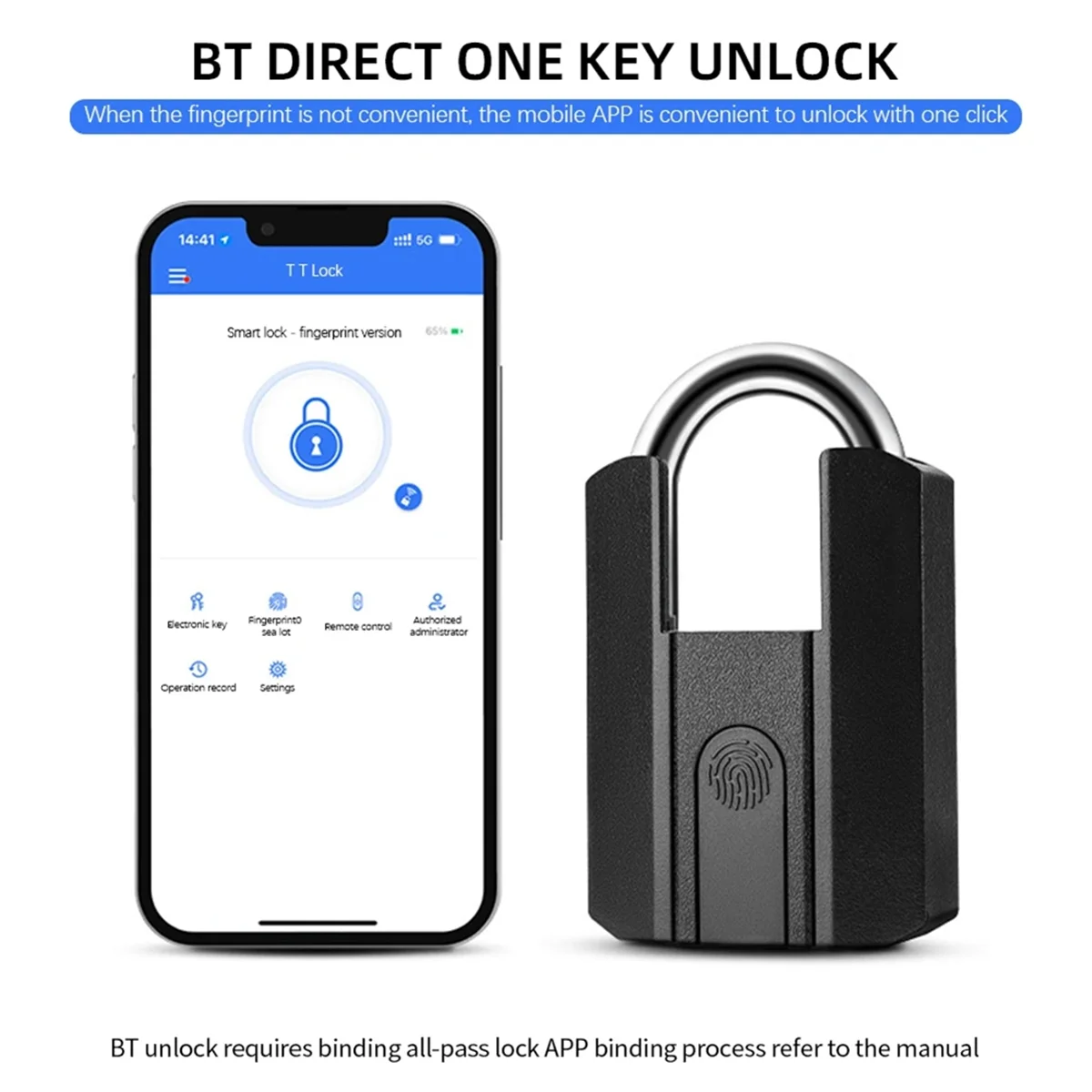 A48U Fingerabdruckschloss mit Schlüssel-Backup, wiederaufladbarer USB-Schlüssel / BT TTLock APP / Fingerabdruck-Entsperrung, intelligentes, schlüsselloses IP67 wasserdicht