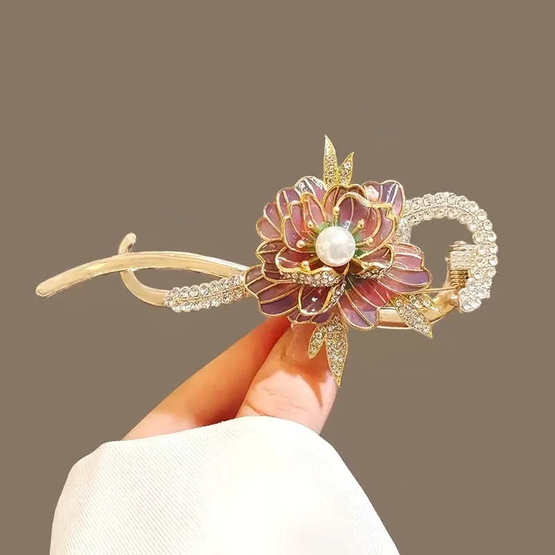 Elegant Vintage Enamel Peony Flower Twist Clip High-End Feeling Painted Light Luxury Hair Clip Stylish Headpiece for Women