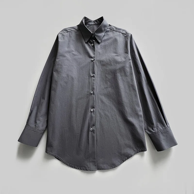 

Cotton Loose Single-breasted Premium Shirt Top Niche Light Luxury Collar Button Silhouette Mid-length Shirt for Women