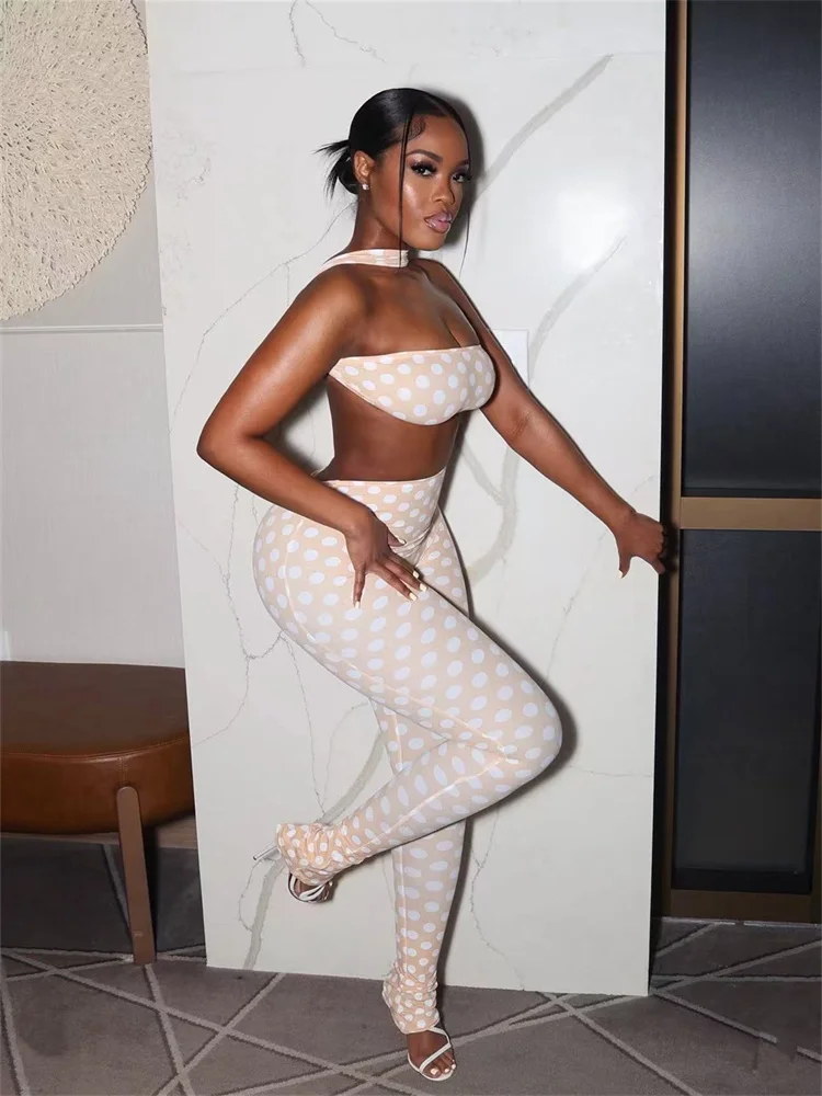 Raar Puss Hottie Polka Dot 2-delige set Dames Halter Borst gewikkeld Backless Top + Ruches Perzik Hippe Broek Stretch Skinny Clubwear
