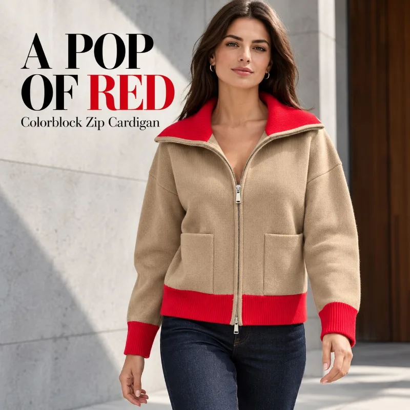 Women Colorblock Knit Cardigan Two Way Zip Sweater Jacket Turn Down Collar Pockets Autumn Winter Casual Outerwear