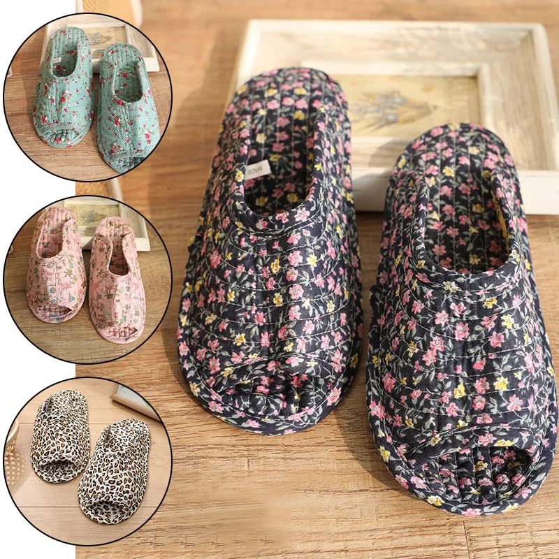 1pair High Quality Home Slippers Non-slip Indoor Floor Shoes Cotton Floral Printed Fashion Flat Shoes Lightweight Soft