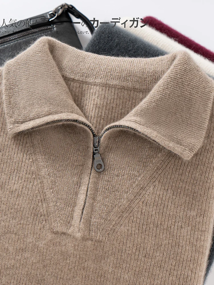 High Quality Men 100% Cashmere Sweater Turn Down Collar Zippers Pullover Autumn Winter Thick Soft Warm Cashmere Knitwear Tops