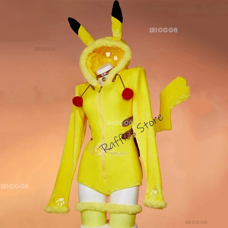 

Women Pikkachu Electric Yellow Mouse Cosplay Costume Cute Halloween Sexy Romper Bodysuit Hooded Belt Tail Anime Doujin Suit