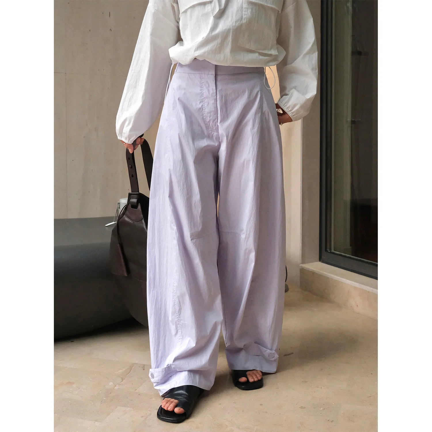 2024 Women Autumn Wide Leg Straight Pants High Waist Cotton Pants Adjustable Waist Fashion Clothes Purple Pants Female Trousers