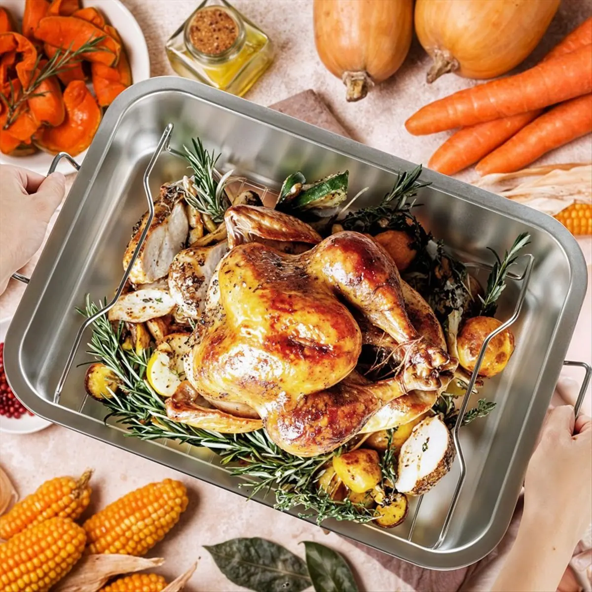 MALL Stainless Steel Roasting Pan - Heavy Duty Turkey Roasting Baking Broiler Pan with Rack and Handle for Oven,for Chicken