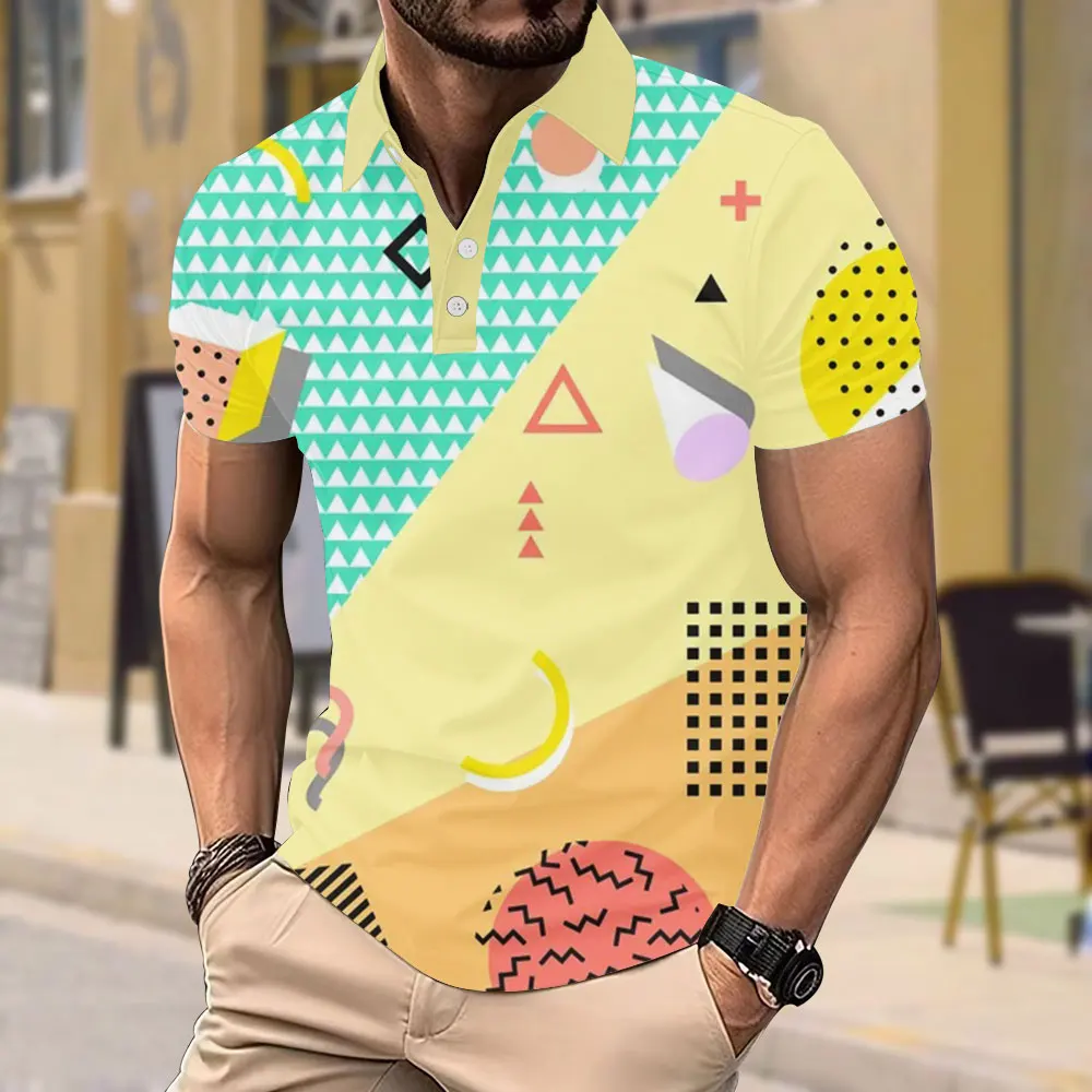 Geometric 3d Printed Short Sleeve T-shirt Fashion Casual Loose Men's Polo Shirt Street Button Short Sleeve Top Men's Clothing