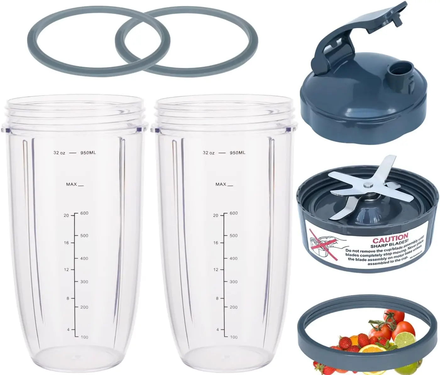 2 كوب خلاط 32 أونصة ومجموعة استبدال الشفرة كوب ضخم مع غطاء مستخرج وحلقات الختم ForNutriBullet 600 واط/900 واط