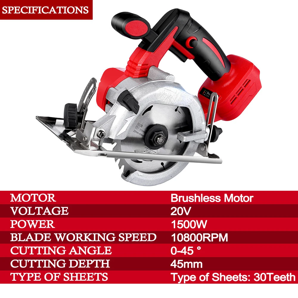 Brushless 1500W 10800RPM Cordless Electric Circular Saw Electric Saw Woodworking Cutting Power Tool