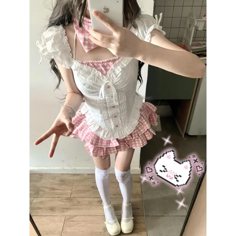 Japanische süße Adrette 2-teiliges Set Frauen Kawaii Spitze Patchwork Schleife Tops + Y2k Plaid Minirock elegante Mode Outfits neu