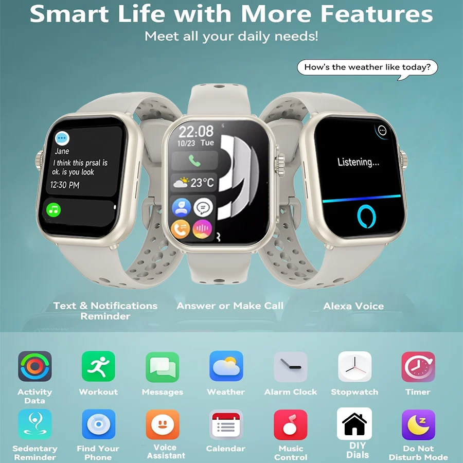 AI Voice Assistant Smart Watch - Answer Calls DIY Dials Pedometer Calorie Tracker Multiple Sports Modes for Android & iOS