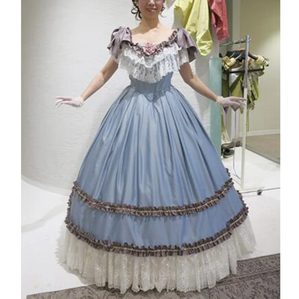 

1880s Victorian Prom Dress Lace Sleeves Crinoline Queen Princess Ball Gowns Light Blue Fantasy Elegant Vintage Dress Customized
