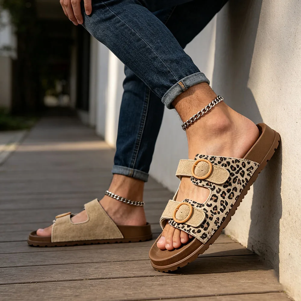 Retro Women Two‑Strap Slides Leopard Patchwork Upper Adjustable Light‑Color Round Buckle Comfort Platform Summer Casual Sandals