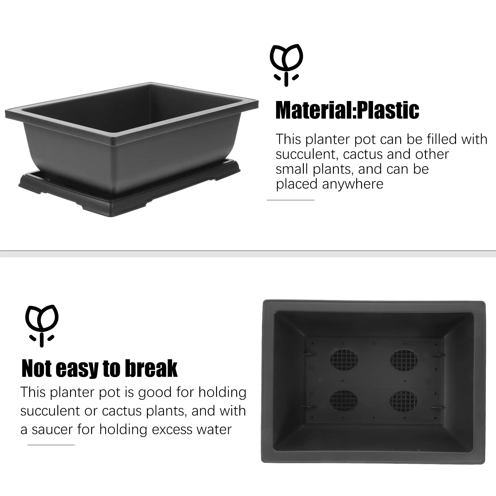 

2 set Long Rectangle Plastic Planter Pots For Succulents Cactus With Saucer Durable Garden Flower Pot Home Office Decor