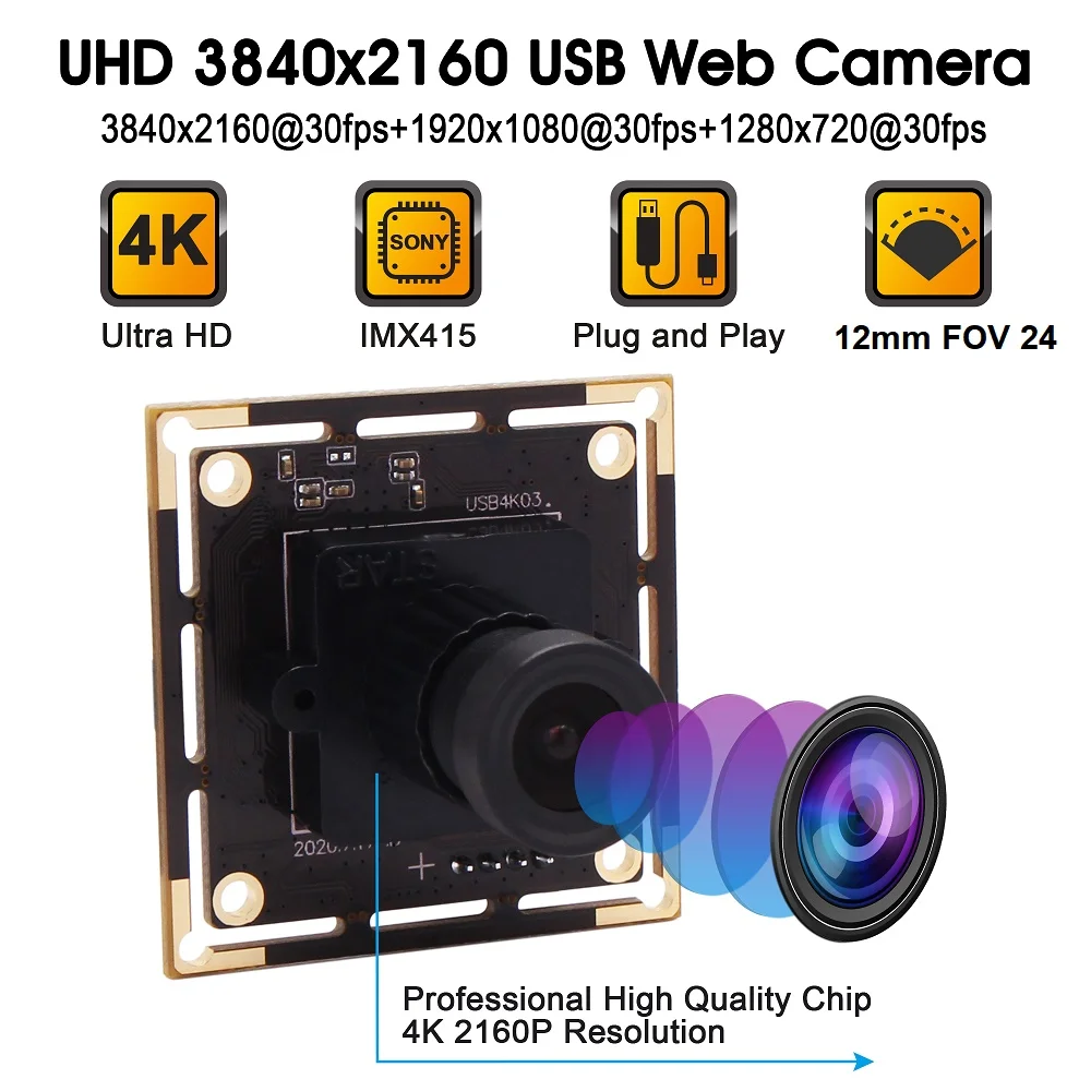 UVC Free Driver 4K USB Micro Camera Module, 12mm Lens for Long View Distance, 38x38mm & 32x32mm Mini Camera Board
