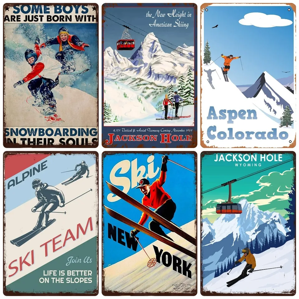 70年代 ビンテージ SKIPOLES＆SKI スキー デザイン ポスター レトロな木のパトロールポスター,レトロスタイルのスキーアートの署名