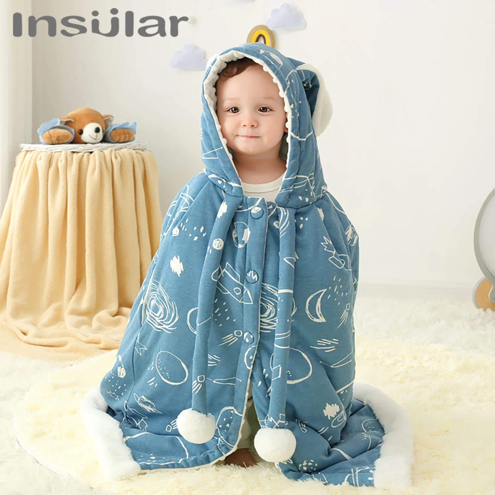 INSULAR Children Cotton Jacket Kid Overcoat Cloak Type Baby Hooded Cape Beanie Warming Coat Blanket Boys Girls Fall Winter 1-5 Y