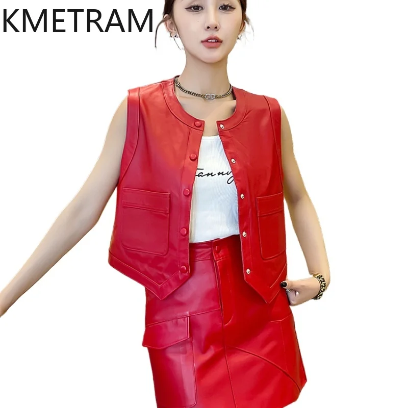 

KMETRAM Genuine Leather Sets Spring Autumn Women's Vest 2024 Fashion Real Sheepskin Waistcoat Elegant Skirts for Woman Clothes