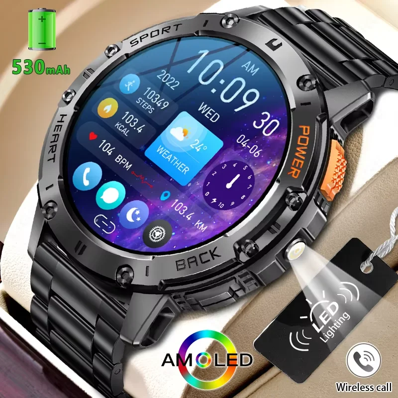 Reloj inteligente LIGE para hombre, para exteriores, batería grande de 530mAh, llamada Bluetooth, pulsera deportiva para Fitness, pantalla AMOLED, linterna, reloj inteligente 2025