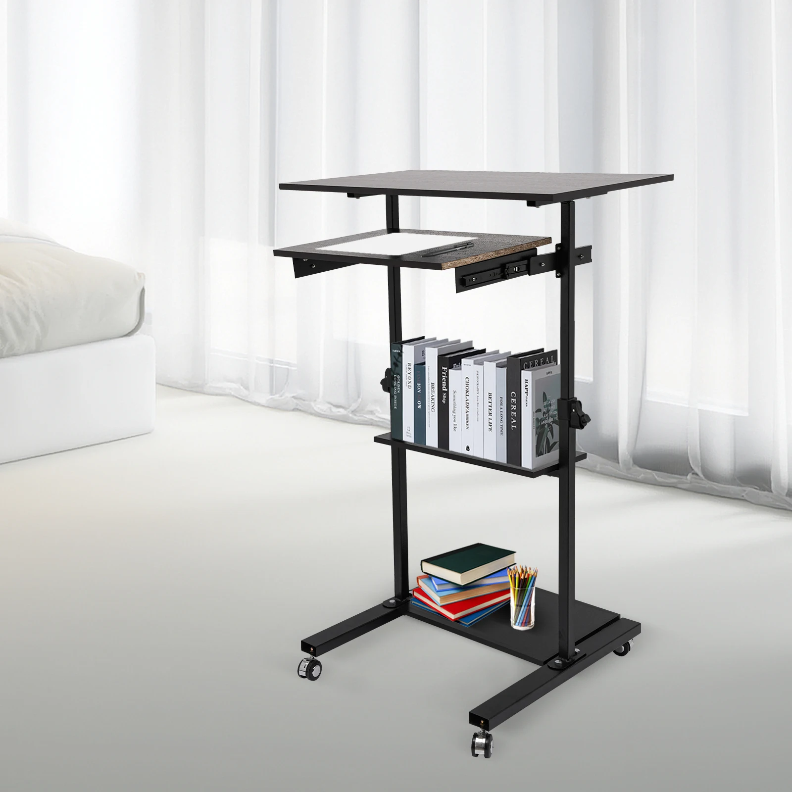 

Standing Black Computer Table 32 "with Castor Rail Stand Up Desk Cart