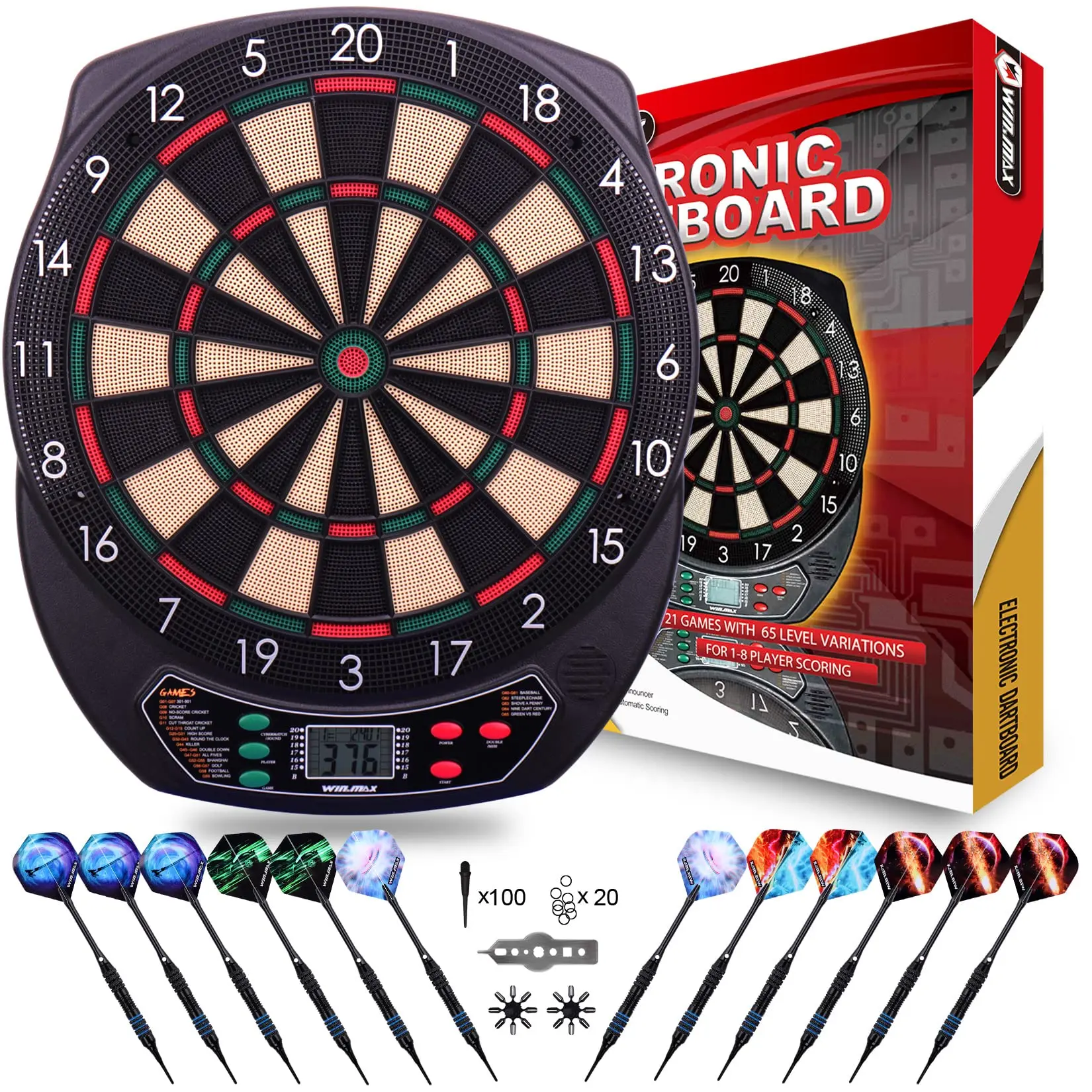 

WIN.MAX Electronic Dart Board Soft Tip Dartboard Set LCD Display with 12 Darts 100 Tips Power Adapter