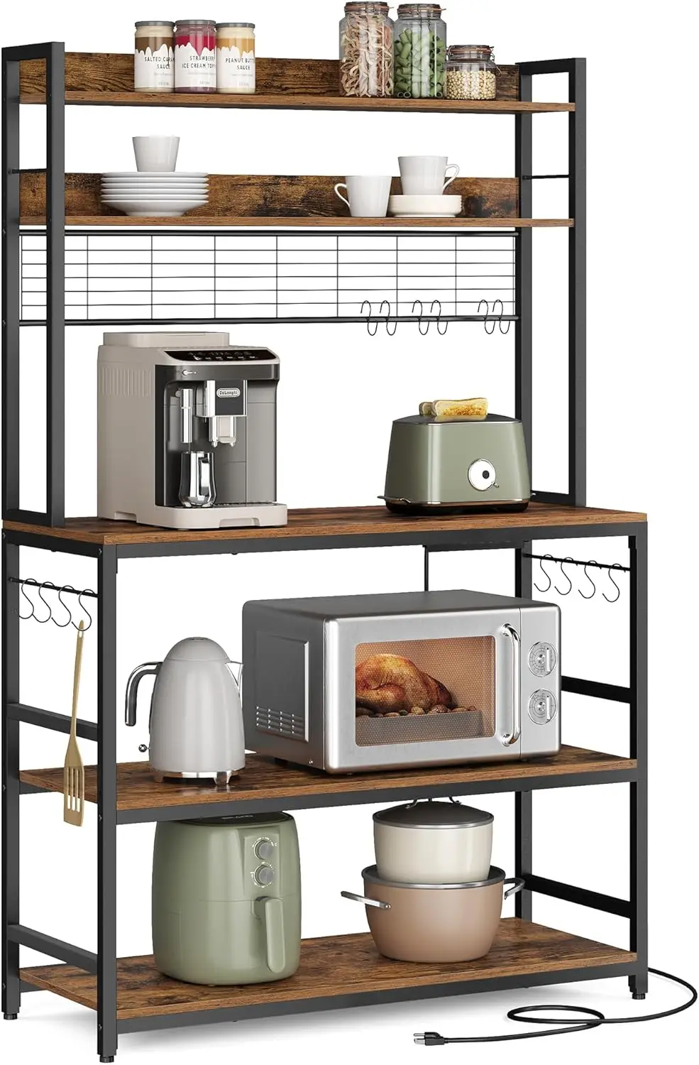 VASAGLE Hutch Bakers Rack with Power Outlet, 14 Hooks Microwave Stand, Adjustable Coffee Bar with Metal Wire Panel,