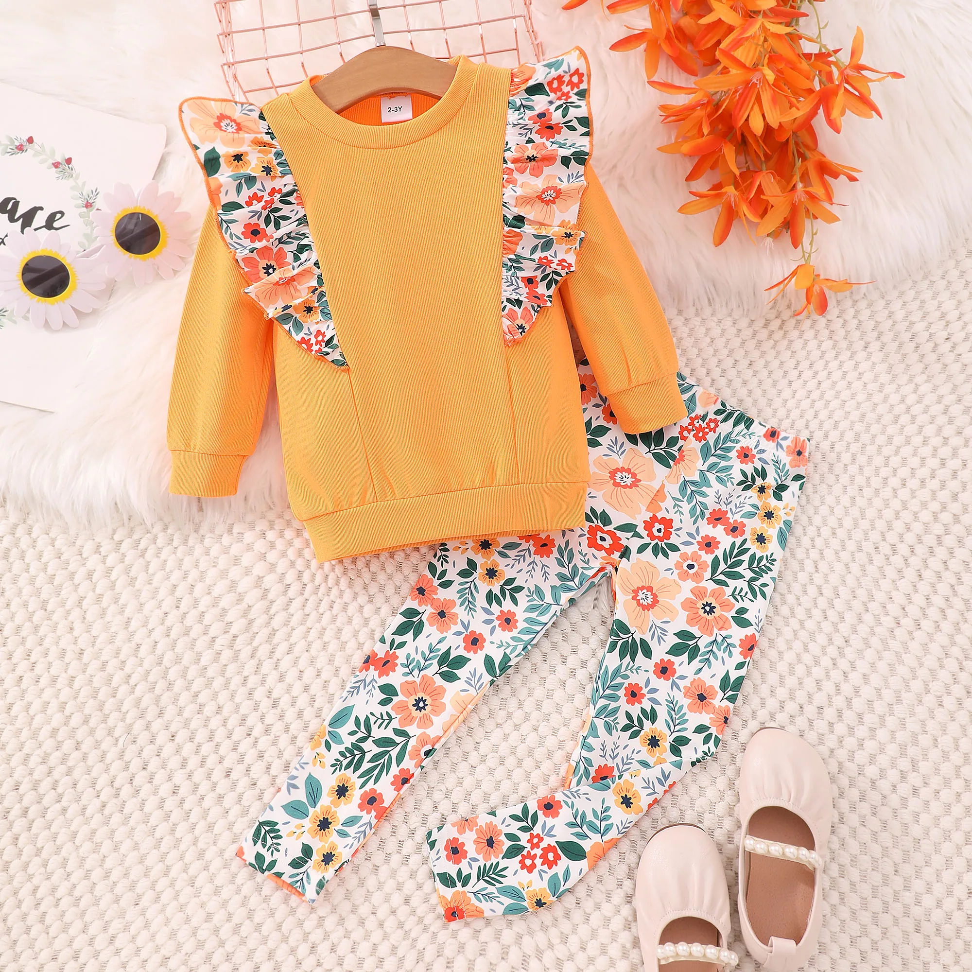 2023 Autumn Winter Casual Children\'s 2-piece Cotton Long Sleeve Round Neck Ruffle Top+Printed Pants Children Set 3 4 5 6 7 Years