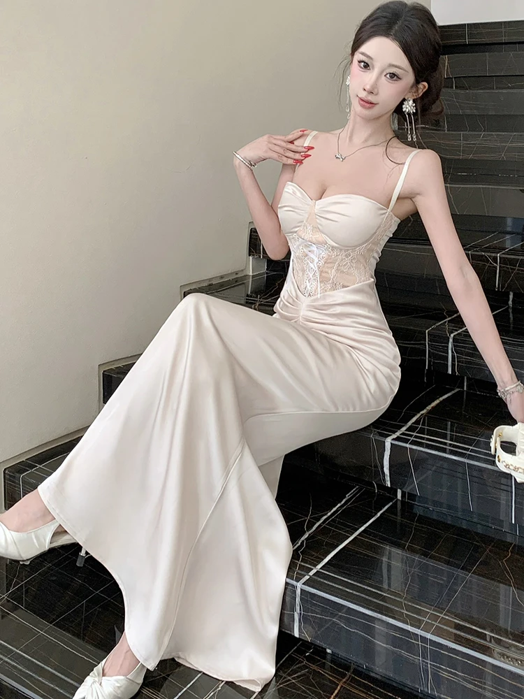 Spring Autumn Fashion Satin Patchwork Lace Sling Long Dress 2025 Korean Bodycon Hip Wrap Dress Women Elegant Luxury Night Dress