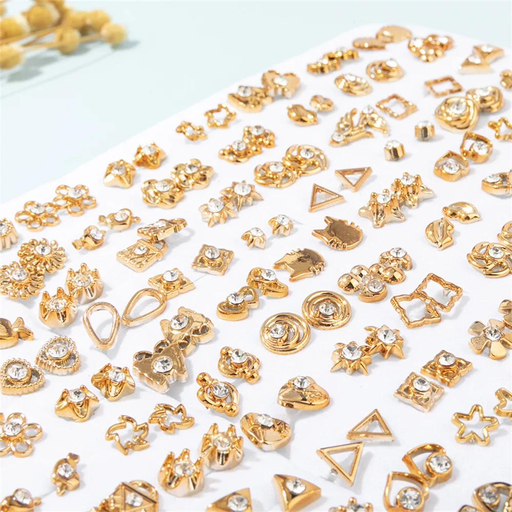 100Pairs/SET Gold Color Crystal Heart Star Moon Small Stud Earrings Set For Women Animal Flower Plastic Earring Set Jewelry Gift