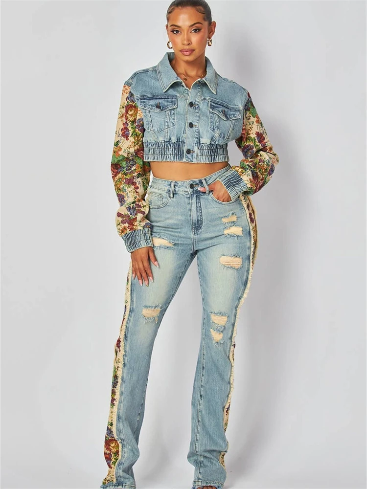 여성용 카모 프린트 데님 2 종 세트, 싱글 브레스트 크롭 재킷, 고민 불규칙 청바지, 스트리트 트렌드 세트