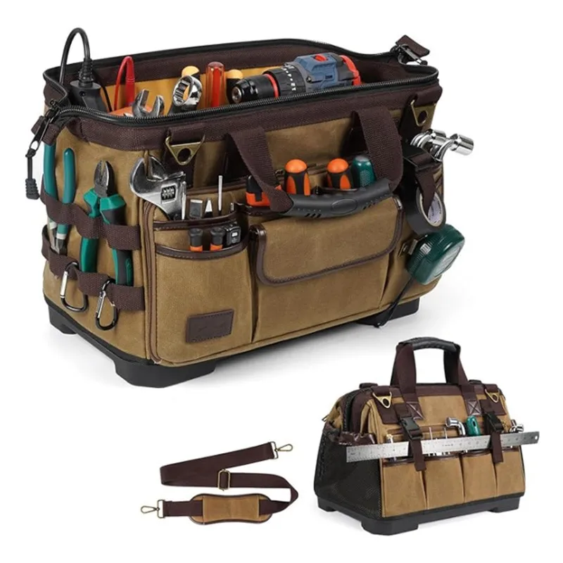 

Portable Vintage Waxed Canvas Kit Storage Bag Waterproof Hard Bottom For Mechanics Plumbers