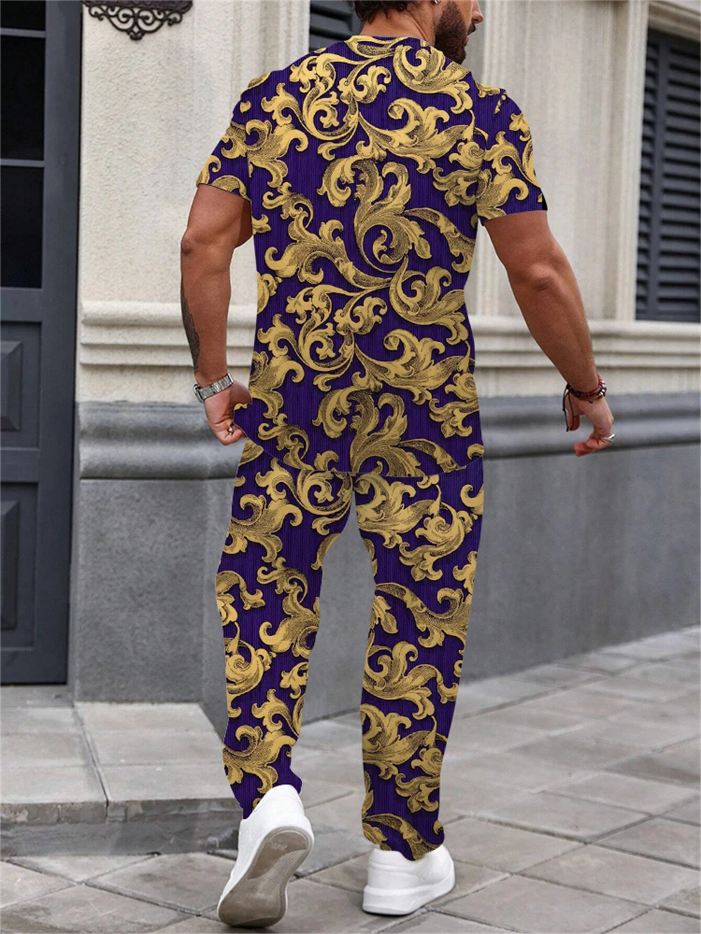 Men's Baroque Style T-shirt Short Sleeve Suit And Trousers Two-piece Cheetah 3D Printed Suit Personality Men's Fashion Clothing