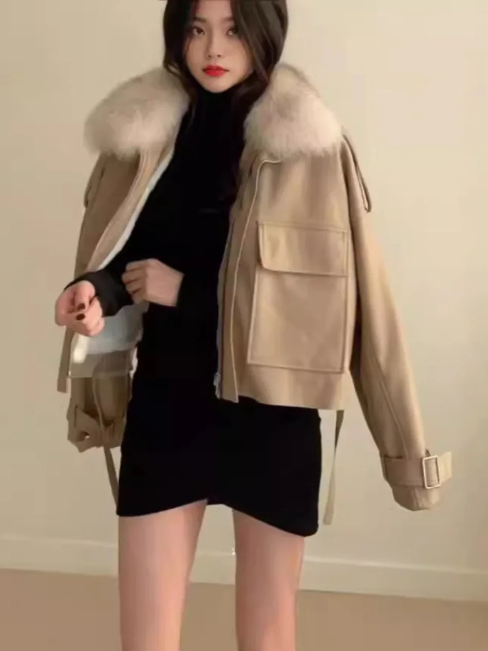 Women Clothing Short Detachable Rabbit Fur Collar Warm Black Coats Women Tops Autumn/Winter New Velvet Thickened Leather Jacket