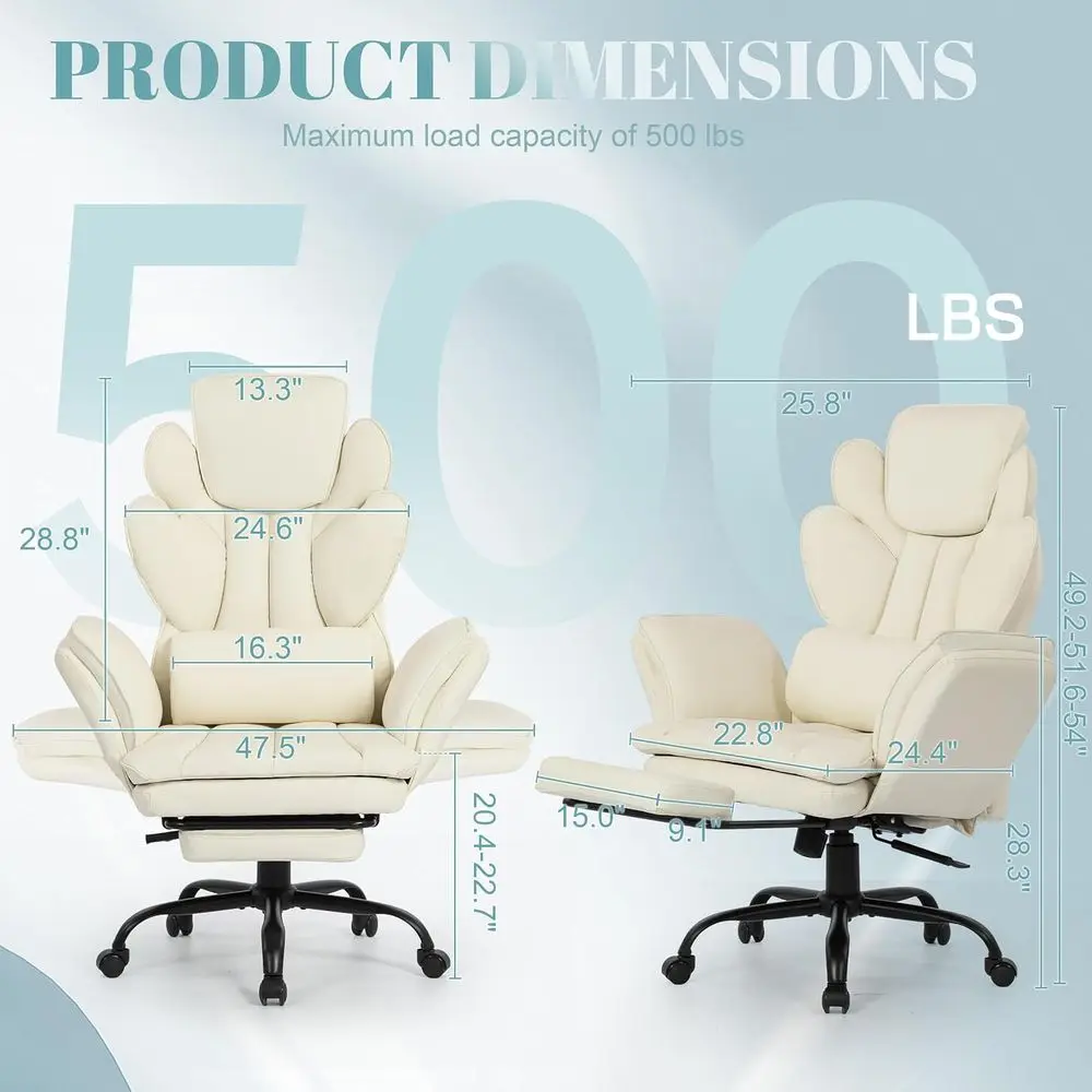 White Leather Reclining Office Chair with Footrest, Adjustable Seat, Massage Pillow, and Wide Seat for Big and Tall