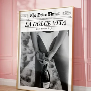 مطبوعات صحف نيويورك ، امرأة غنية تشرب صور النبيذ ، لوحة قماش بالأبيض والأسود الرجعية ، فن جدار ، ديكور منزلي عصري أفضل 8 بيع صورة امرأة عارية - No3