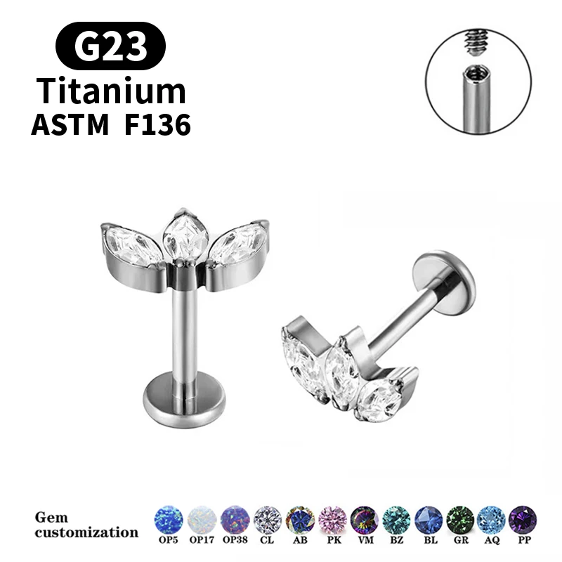 F136 Titanium Ear Piercing Ring Lobe Internal Thread CZ Labret Lip Ear Bar Cartilage Earring Nail Tragus Stud Body Jewelry 16G