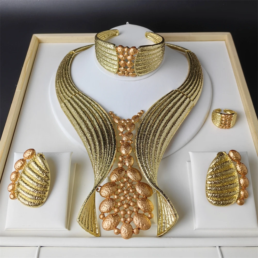 STAR Exaggerate Big Jewelry Set Two Tone Choker Necklace Bracelet Large Earring Ring Luxury Gold Plated Wedding Gift 2025 New