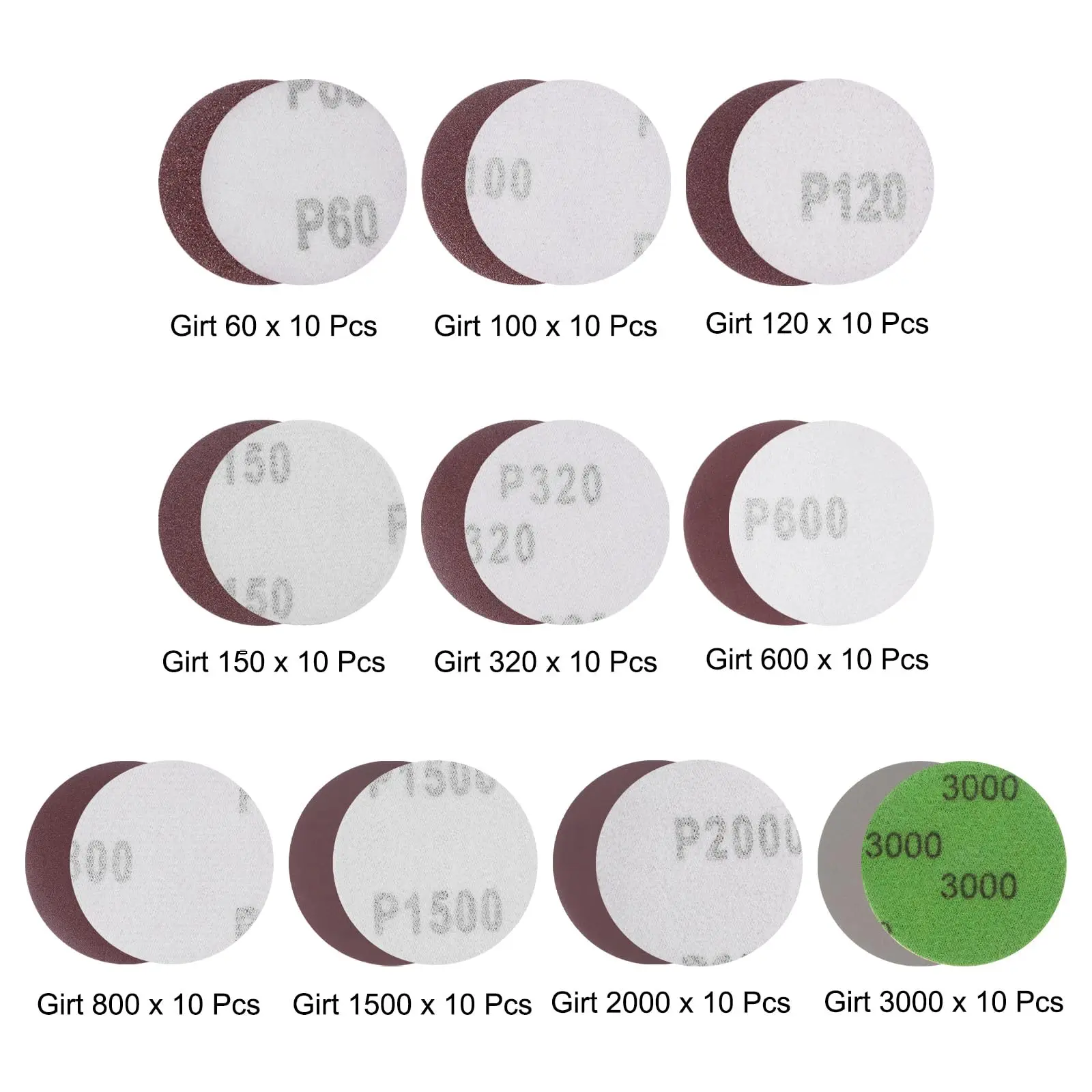 Papier de verre à crochet et boucle de 2 pouces, 2/10/102 pièces avec blocs de ponçage à la main, grains assortis de 60 à 3000 pour le polissage des miroirs du bois et du métal