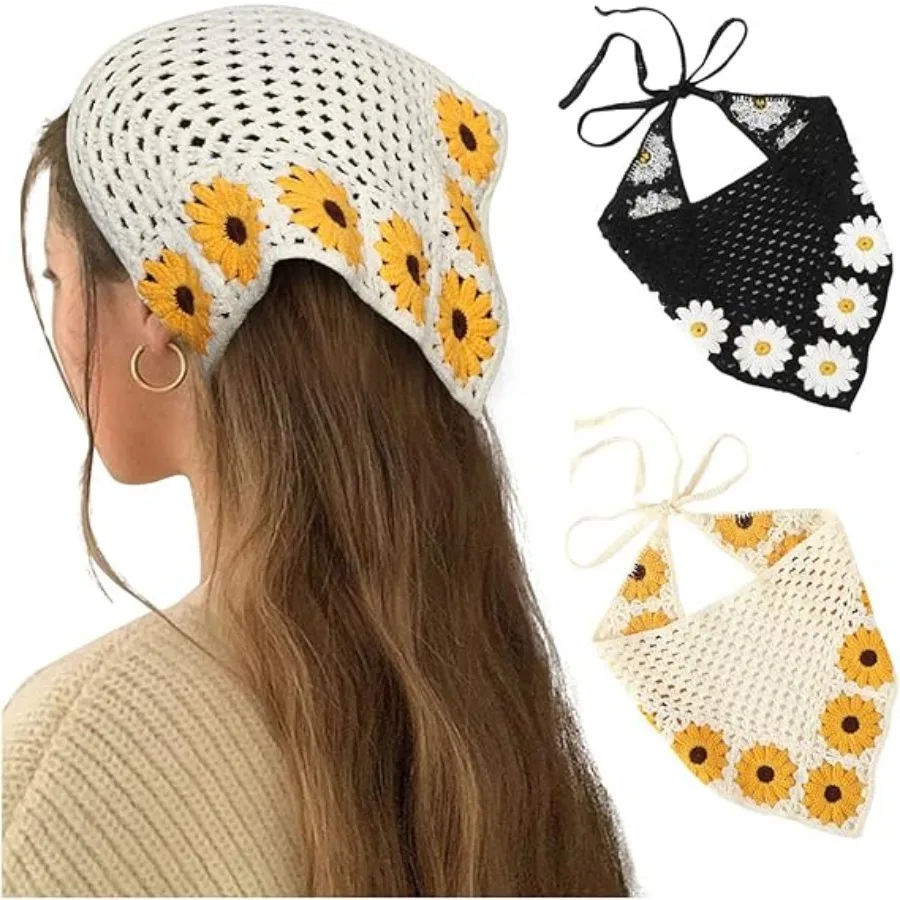 

Daisy Crochet Flower Hair Scarf for Women Headband Knitting Bandana Hairband Triangle Scarf Turban Headbands Hair Accessories