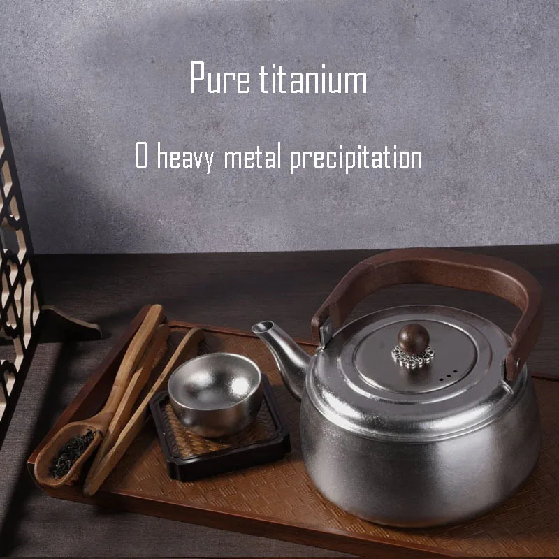 1L Kettle With Solid Wood Ironing Handle,Single Layer Pure Titanium,Outdoor,Camping,Antibacterial And Mildew, Teapot
