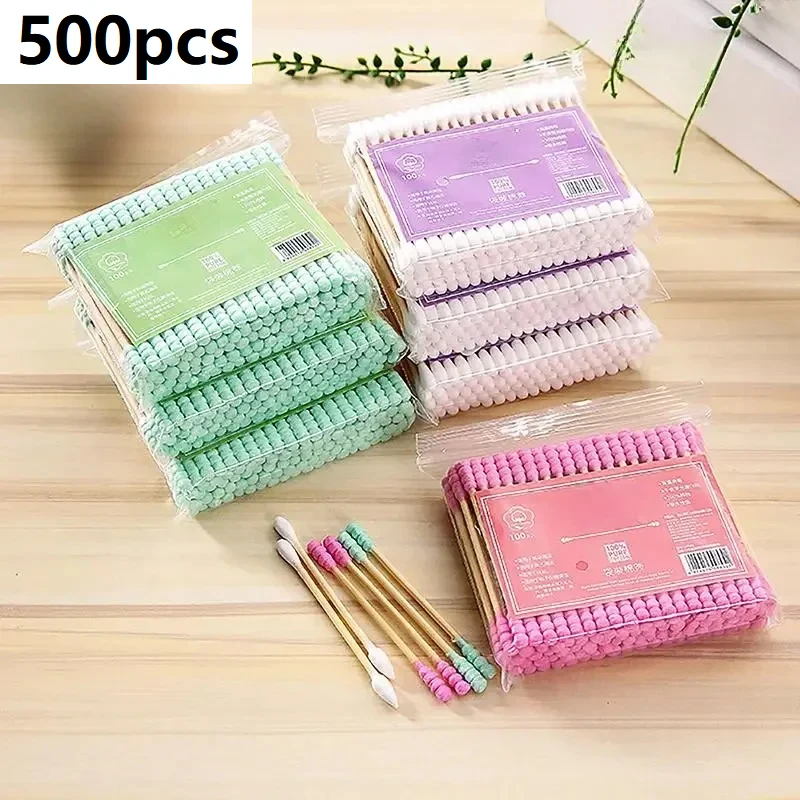 500pcs Double-Headed Cotton Swabs with Wooden Sticks for Nose Ear and Makeup Cleaning Personal Care Tools Makeup Cotton