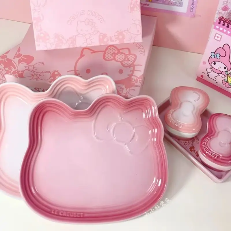 New Sanrio Hello Kitty Ceramic Dinner Plate Tableware Bow Tie Shaped Dinner Plate Rice Bowl Cups And Saucers Set To Friend Gift