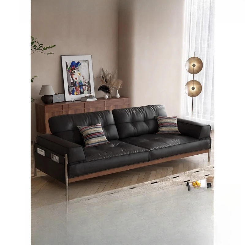 

Medieval solid wood leather sofa small apartment French retro living room black straight row