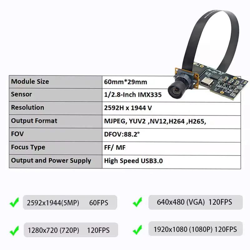 IMX335 USB3.0 5MP/60PFS HD カメラモジュール FPC+PCB 構造、プラグプレイ UVC プロトコルサポート WDR および 120PFS 産業用に使用